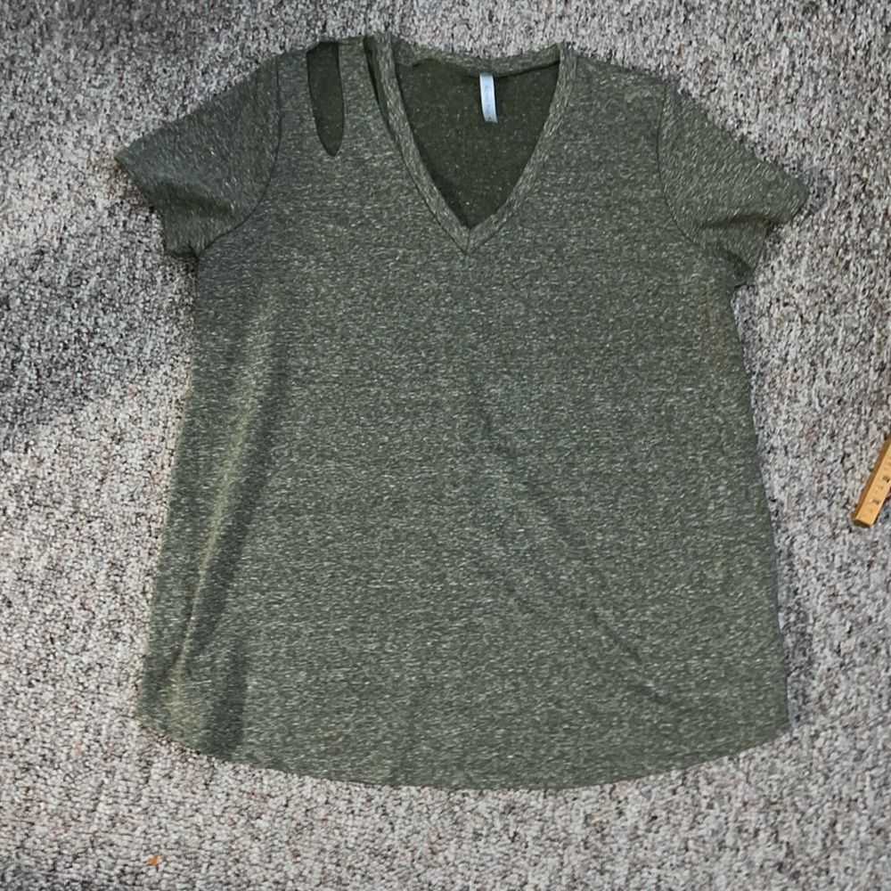 Olive green v-neck cut out shoulder T-shirt Large